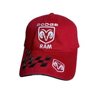 Dodge RAM Racing Hat Checkered Flag Red Strapback Embroidered Mopar Cap